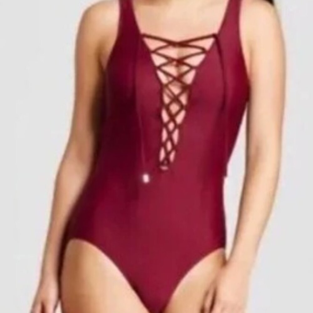 Lace up Wine Burgandy High Leg Medium Coverage One Piece Swimsuit Size Small